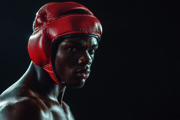 A focused boxer in a red headgear, showcasing determination and strength in a dramatic light.
