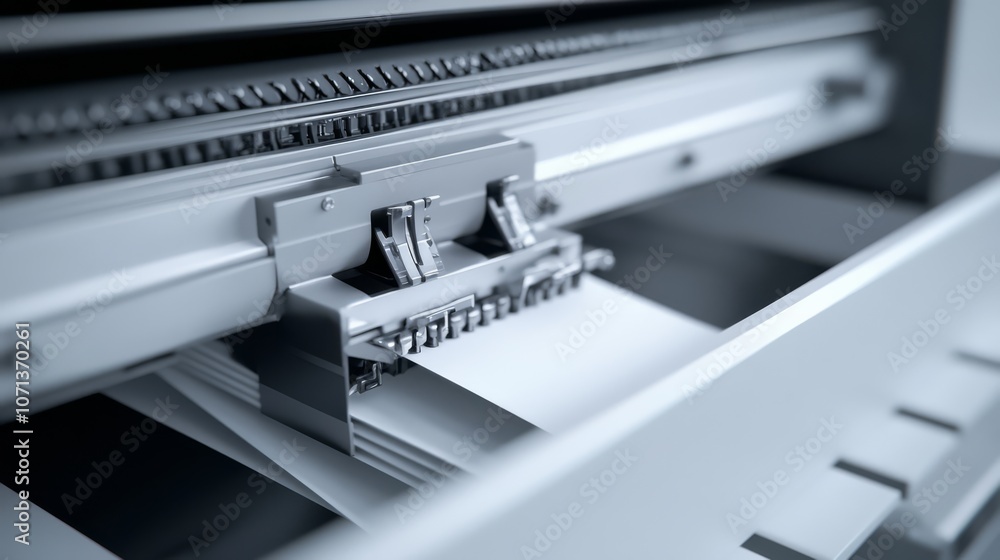 Poster industrial printing: a close-up view of a high-speed printing press in action, showcasing the intric