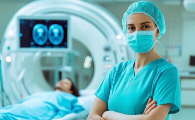 Radiologist in scrubs and mask standing by an MRI machine with a patient lying inside.
