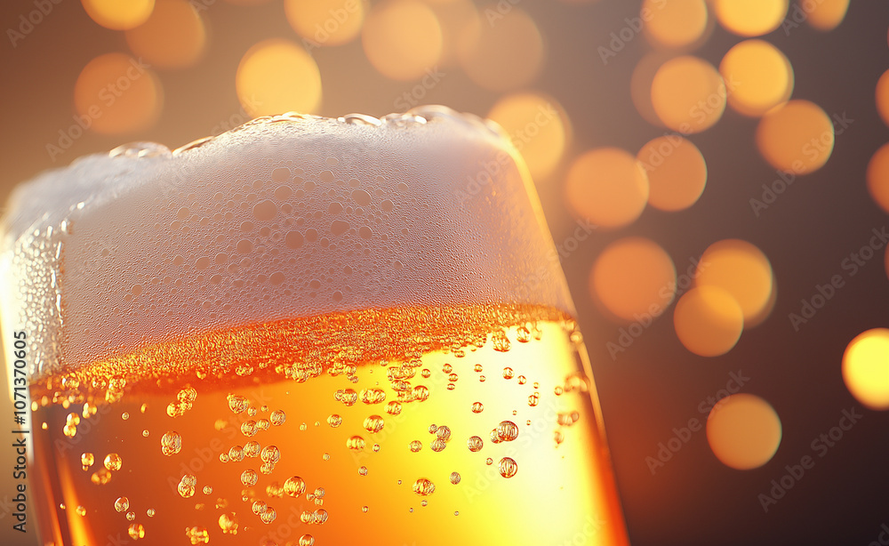 Poster macro shot of beer bubbles and foam with warm bokeh lights.