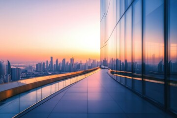 Obraz premium A futuristic office skyscraper with glass walls reflecting the sunset.