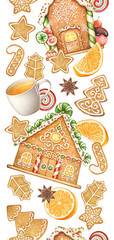 Vertical seamless pattern with watercolor gingerbread cookies and houses, tea cups, candies and oranges isolated on white background.