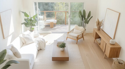 Modern Minimalist Living Room with Natural Light:  A serene and stylish living room interior featuring a neutral color palette, minimalist furniture.