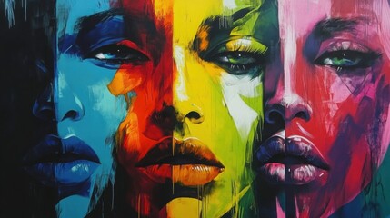 Graffiti-style painting of abstract faces, vibrant colors, urban and edgy