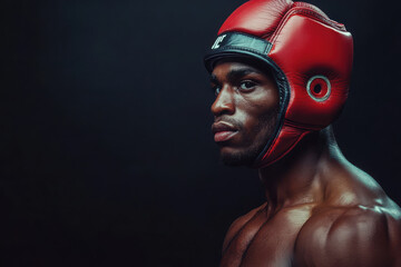 A profile of a muscular boxer wearing a red headgear against a dark background.