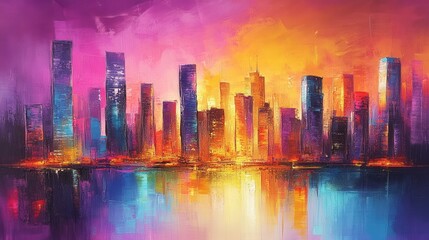 Fototapeta premium Painting of futuristic city skyline at dusk, luminous colors, modern and dynamic.