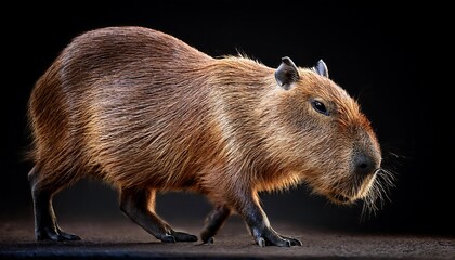Fototapeta premium A capybara, a large, brown rodent, is shown in profile walking against a black background