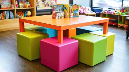Obraz premium Colorful Play Table and Stools in Bright Room
