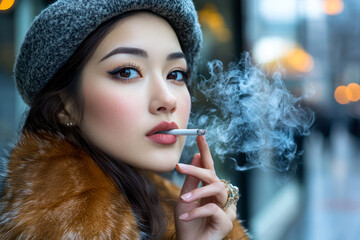 Obraz premium Woman dressed in 80s style smoking a cigarette on the street. AI generative.