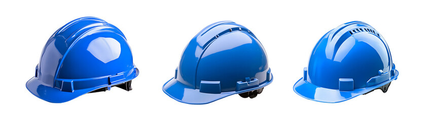 Fototapeta premium Three blue hard hats, safety equipment for construction workers.