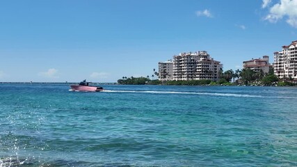 Miami, Florida, USA - June 19, 2024: Yacht boat in sea Biscayne bay. Miami Marina with luxury yacht boat. Summer vacation. Luxurious yacht marina. Luxury boat. Marina in Miami Beach, USA