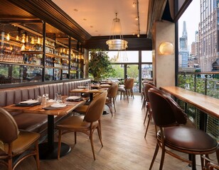 rue d'une grande ville avec une terrasse de caf&eacute; vide