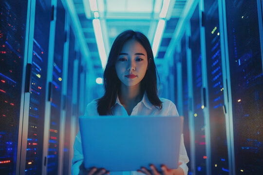 A woman working on a laptop in a data center filled with servers and blue lighting.