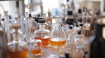 Laboratory Glassware with Colorful Liquid Samples