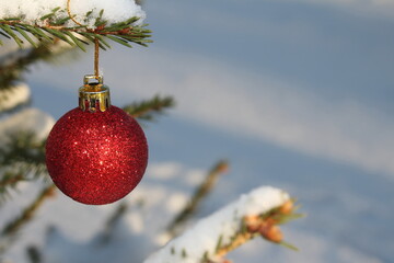 A Christmas toy is hanging on a snow-covered green fir tree