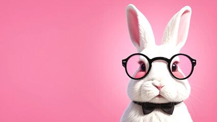 Fototapeta premium Cartoon white rabbit wearing glasses on pink background