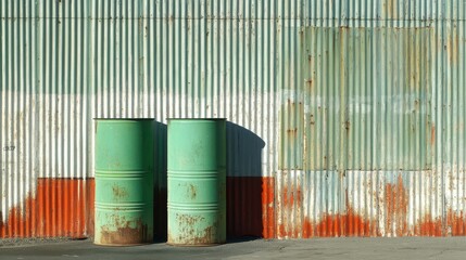 Green Bins Against Industrial Wall in Afternoon Light