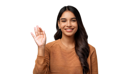Pretty young woman waving with a big smile isolated transparent background png