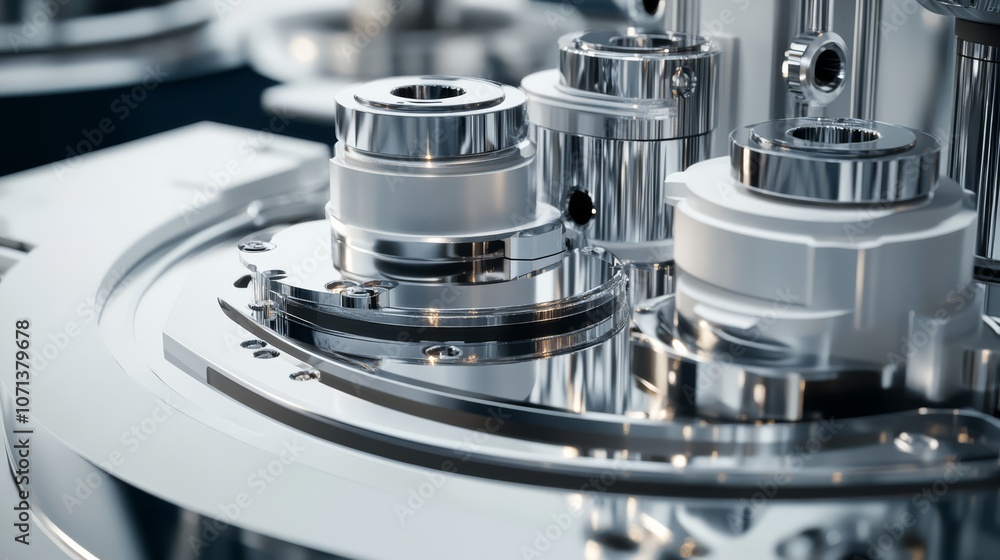Poster precision engineering: close-up of intricate metallic gears and components, showcasing the complex m