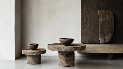 Fototapeta premium Rustic Wooden Bowls on Textured Tables in Minimalist Space
