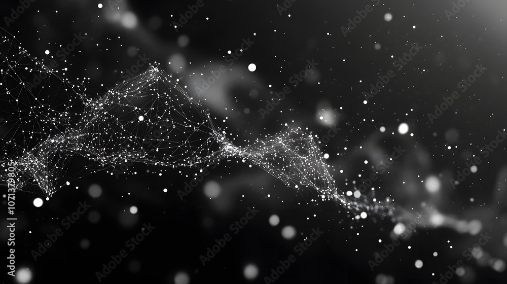 Poster abstract black and white background with a flowing line of connected dots.
