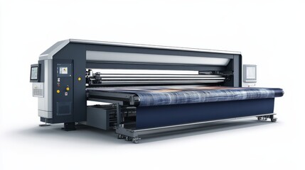Textile Printing Machine wide shot of an industrial textile printer, on a white background