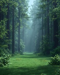 Obraz premium A serene forest scene featuring tall, lush green trees in soft focus, with sunlight streaming through the canopy, casting a tranquil glow over a grassy path.
