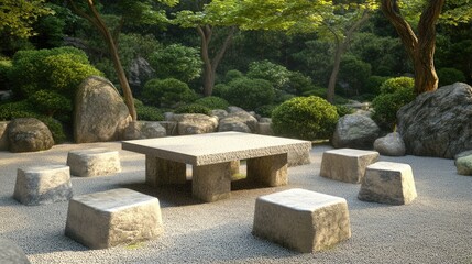Fototapeta premium Serene Stone Table and Seating in Zen Garden