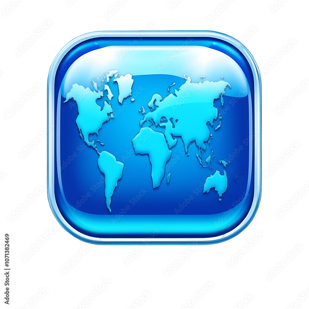Poster a blue, glossy button with a world map inside.