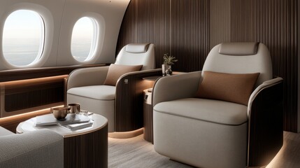 Graceful and elegant private jet interior features plush seating, sleek design, and soft ambient lighting, exemplifying luxury air travel.