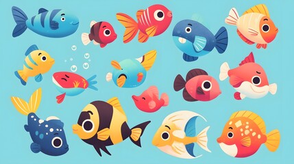 Fototapeta premium Cute fish illustration set with vibrant colors and playful expressions