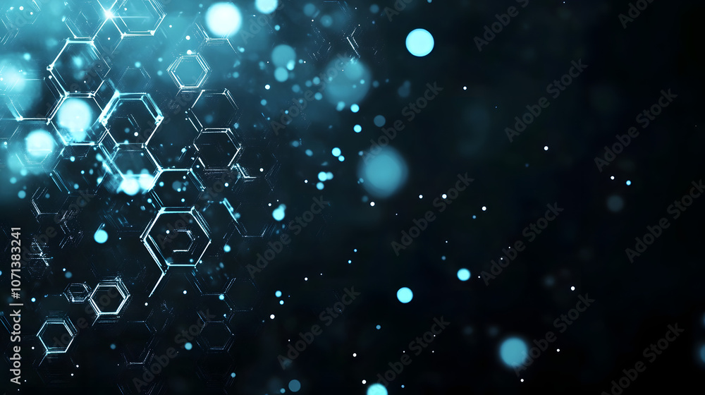 Poster abstract blue hexagonal pattern on a dark background with bokeh lights.