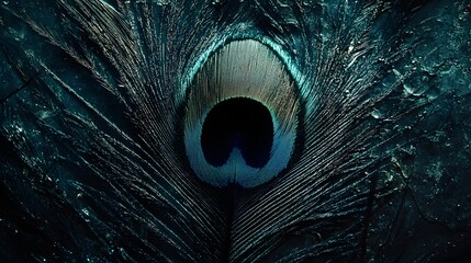 Naklejka premium Dark peacock feather texture background, close-up top view.
