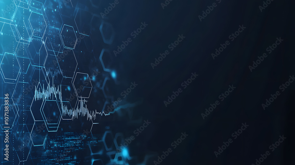 Poster abstract blue tech background with glowing hexagons and digital data.