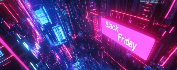 Black Friday - neon glowing text sign on futuristic technological background, shopping or promotional banner design
