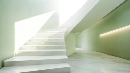 Obraz premium A white staircase with a light green wall in a modern building. The stairs curve to the right and lead up to a bright window.