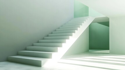 Modern, minimalist staircase in a white room with natural light streaming through a window.