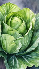 Obraz premium A close-up view of a fresh, vibrant green cabbage with tightly packed leaves forming a spiral shape. The leaves are crisp and have a glossy texture, showcasing various shades of green.