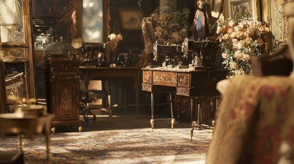 Fototapeta premium Vintage Sewing Machines and Organized Supplies in Luxurious Craft Room infused with Creativity and Elegance
