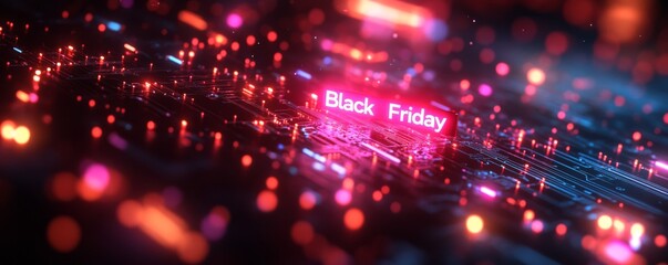 Black Friday - neon glowing text sign on futuristic technological background, shopping or promotional banner design