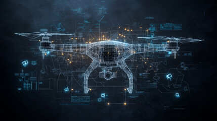 Drone Technology Abstract: Futuristic drone design rendered in glowing wireframe, set against a dark background with abstract technological data.  Perfect for illustrating cutting-edge technology.