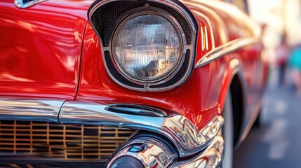 Fototapeta premium Close-up of a classic red car's chrome headlight and grill.