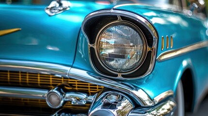 Close-up of a vintage blue car's chrome headlight and grill.