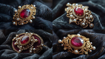Obraz premium A stunning Victorian brooch with a large ruby set in a gold frame, adorned with small pearls and delicate engravings, resting on a luxurious black velvet cloth.