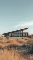 A striking, minimalist house situated in a vast desert landscape.