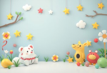 3D cartoon animals with decorations on blue wall.
