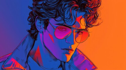 Naklejka premium A young man with wavy hair and sunglasses looks at the camera with an intense expression, his face illuminated by vibrant blue and orange light.