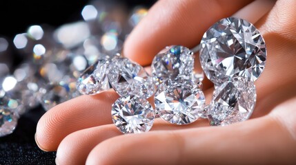 Sparkling Diamonds in Hand Against Dark Background