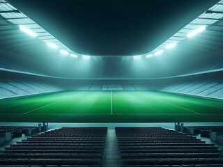 Empty Stadium with Green Field and Rows of Seats at Night