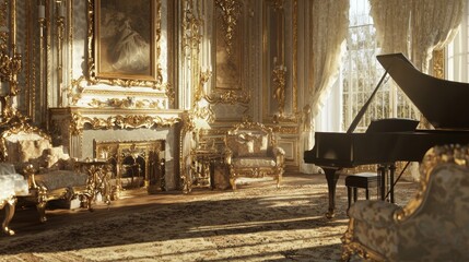 Obraz premium Elegant Sitting Room with Antique Furnishings and Grand Piano Creating a Warm and Inviting Ambiance for Entertaining Guests